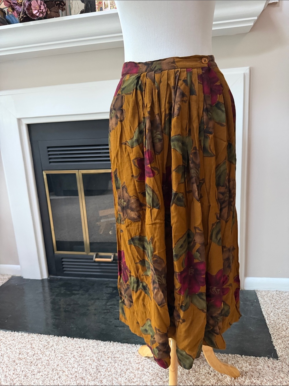 Jones New York Mustard Floral Pleated Midi Skirt